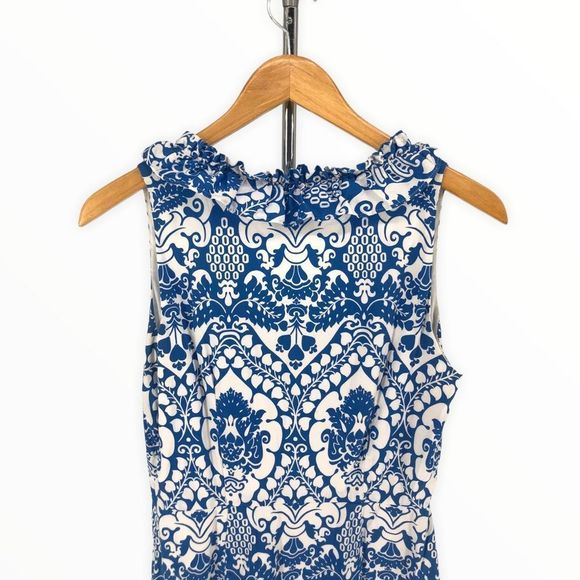 Milly Blue & White Floral Sleeveless V Neck Ruffle Trim Tiered Dress size 4 - Picture 5 of 11